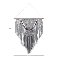 Gray Cotton Handmade Intricately Weaved Macrame Wall Decor with Beaded Fringe Tassels 27" x 1" x 42"