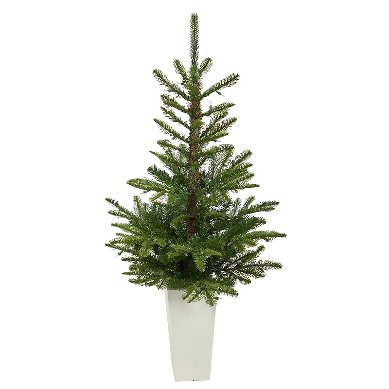 4.5ft. Pre-Lit Layered Washington Spruce Artificial Christmas Tree In White Planter, Clear LED Lights