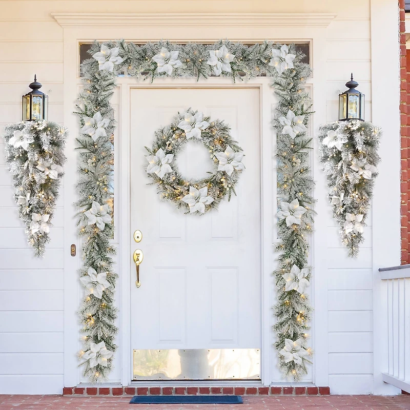 Glitzhome® 36" Pre-Lit Flocked Greenery Pine White Poinsettia & Berry Christmas Teardrop with Timer