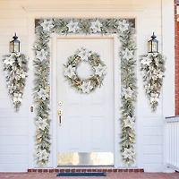 Glitzhome® 36" Pre-Lit Flocked Greenery Pine White Poinsettia & Berry Christmas Teardrop with Timer