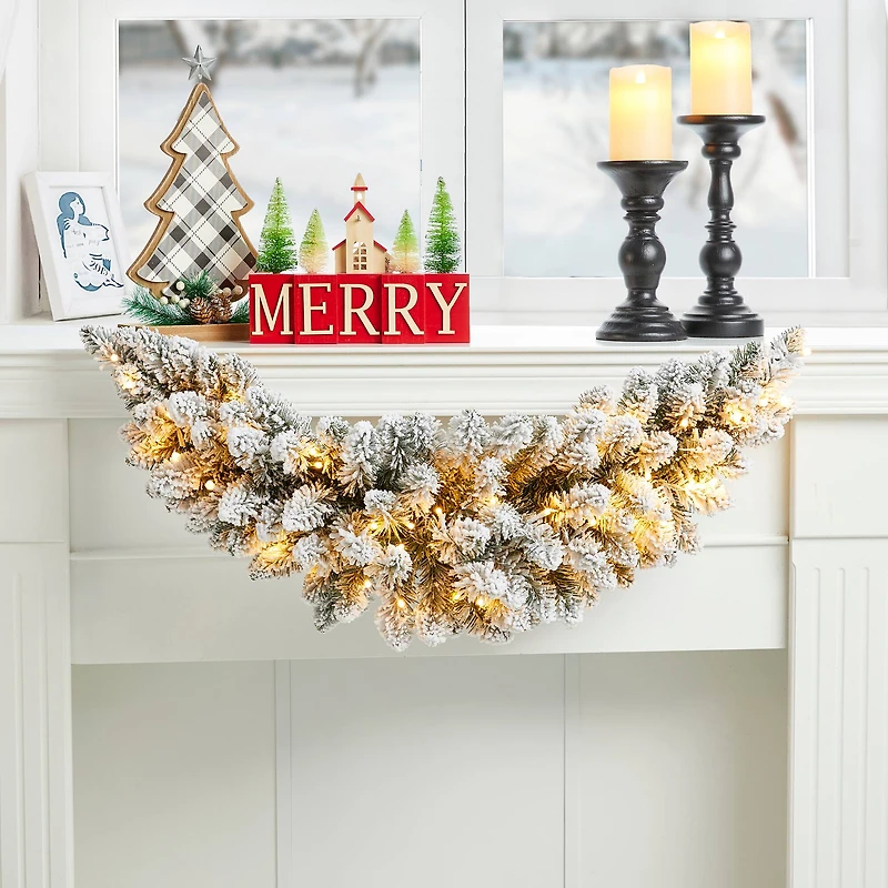 Glitzhome® 36" Pre-Lit Snow Flocked Christmas Swag with LED Lights