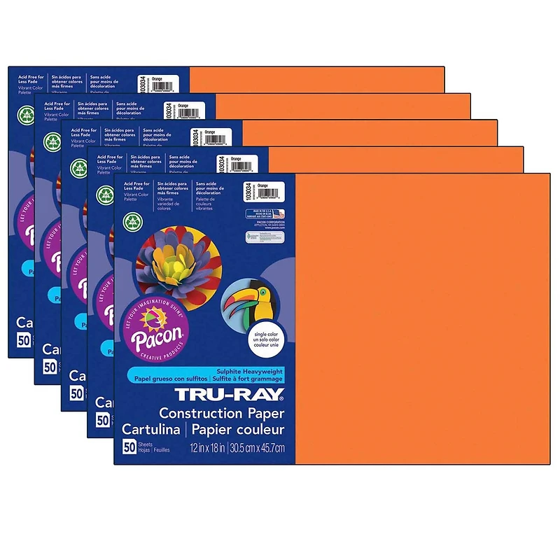 Tru-Ray® 12" x 18" Orange Construction Paper, 5 Packs of 50 Sheets