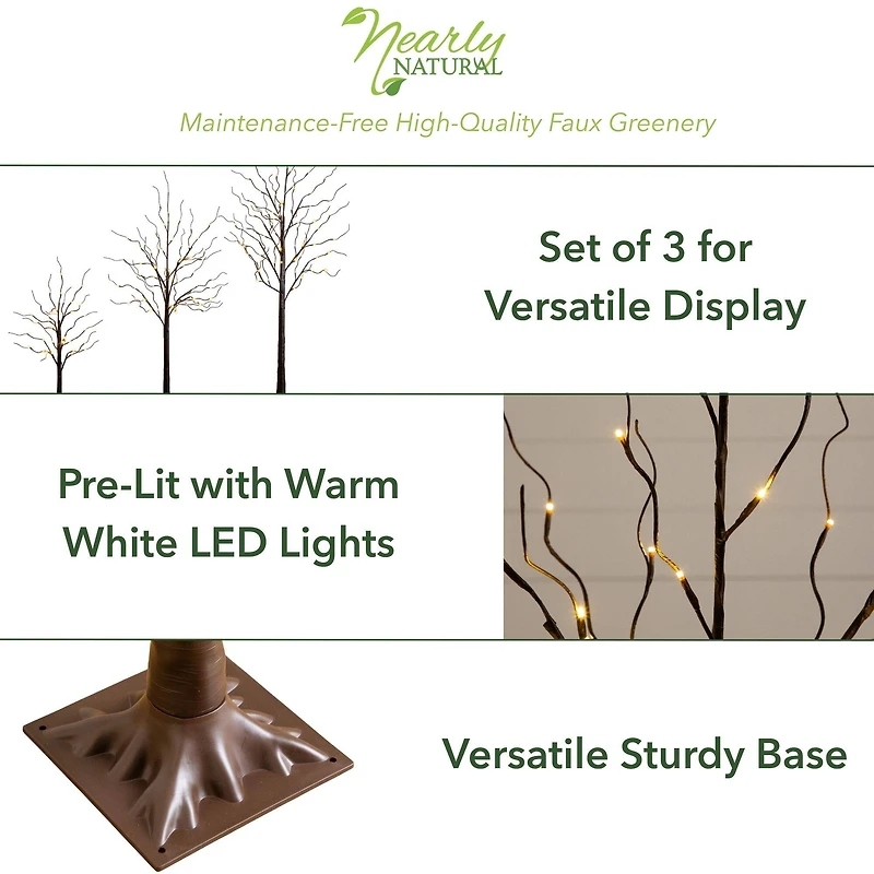 3ft. 5ft. 6ft. Artificial Brown Birch Trees with Warm White LED Lights - Set of 3