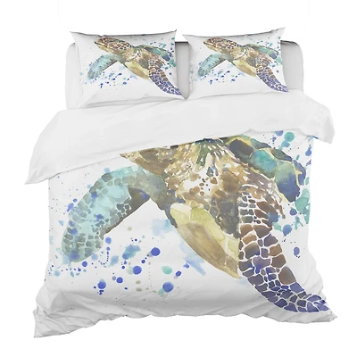 Designart Blue Sea Turtle Illustration Nautical & Coastal Duvet Cover Set