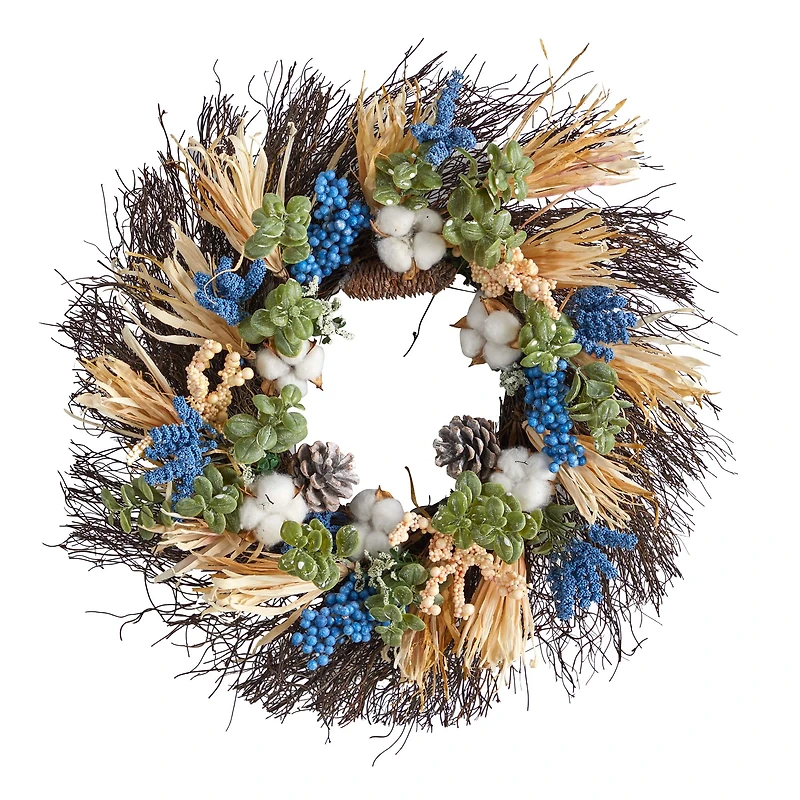 22" Cotton, Eucalyptus, Berries & Pinecones Artificial Fall Wreath