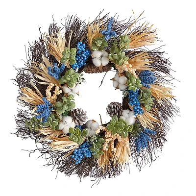 22" Cotton, Eucalyptus, Berries & Pinecones Artificial Fall Wreath