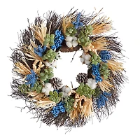 22" Cotton, Eucalyptus, Berries & Pinecones Artificial Fall Wreath