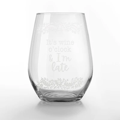 15oz. I'm Late for Wine O'Clock Engraved Stemless Wine Glass