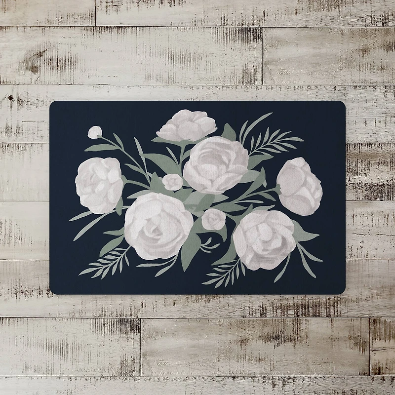White Flowers On Navy 18" x 27" Floor Mat