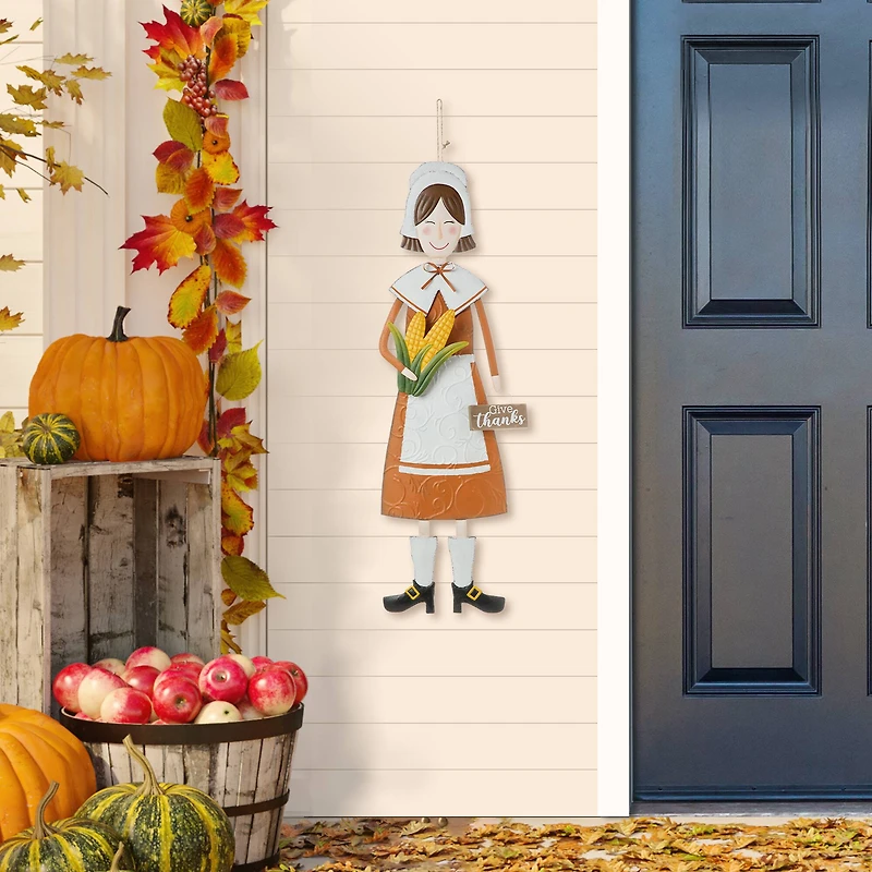 Glitzhome® 36" Metal Thanksgiving Pilgrim Girl Standing Or Hanging Yard Stake