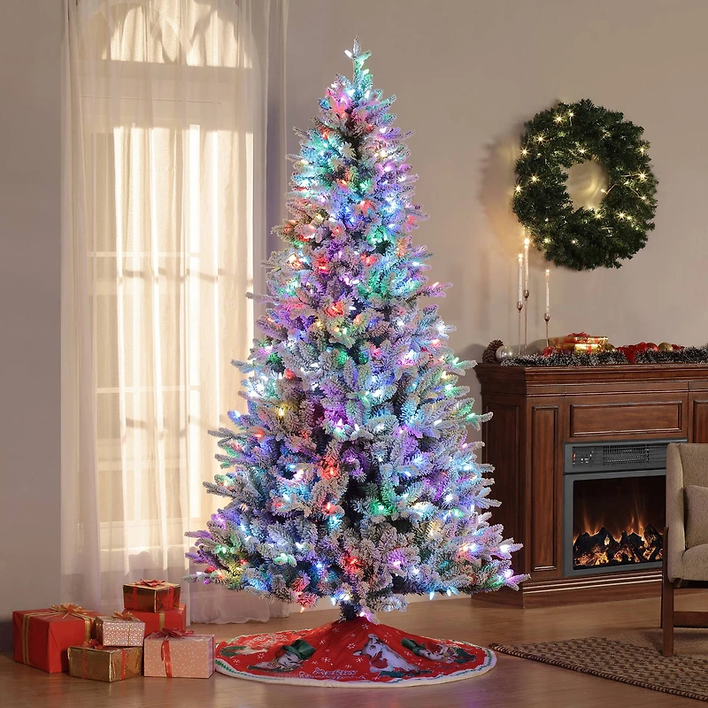 7.5ft. Pre-Lit Alexa Enabled Flocked Mountain Fir Artificial Christmas Tree, Multicolor LED Lights