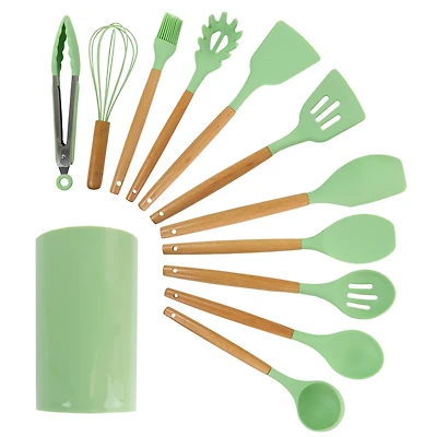MegaChef Mint Green Silicone & Wood Cooking Utensils Set, 12ct.