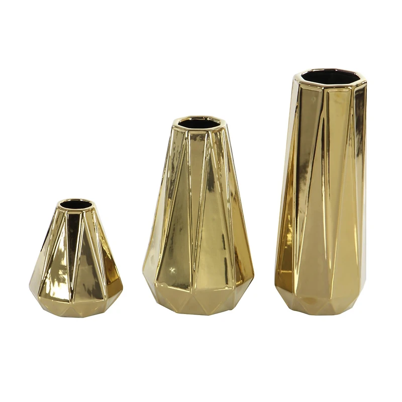 Set of 3 Gold Stoneware Glam Vase, 7", 11", 15"