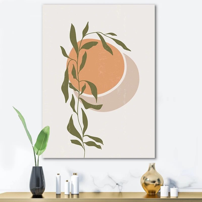 Designart - Abstract Orange Sun and Moon With Tropical Leaf