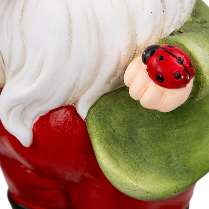 15.75" Green & Red Gnome with Ladybug Outdoor Garden Statue