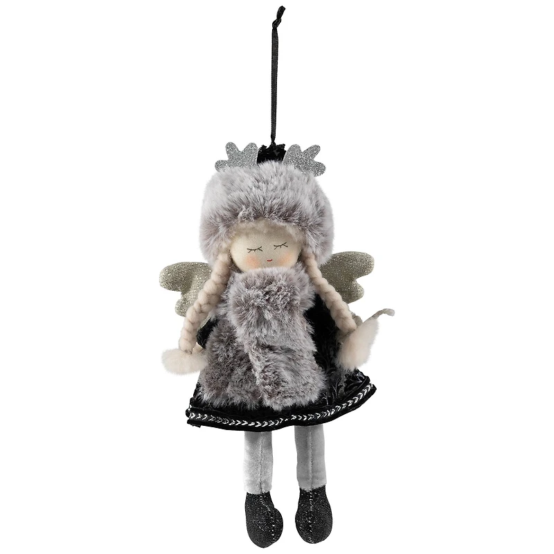 Plush Winter Angel Girl Hanging Christmas Ornament - 8.5" - Gray and Black