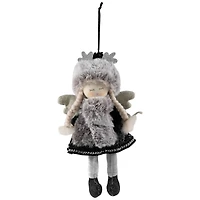 Plush Winter Angel Girl Hanging Christmas Ornament - 8.5" - Gray and Black