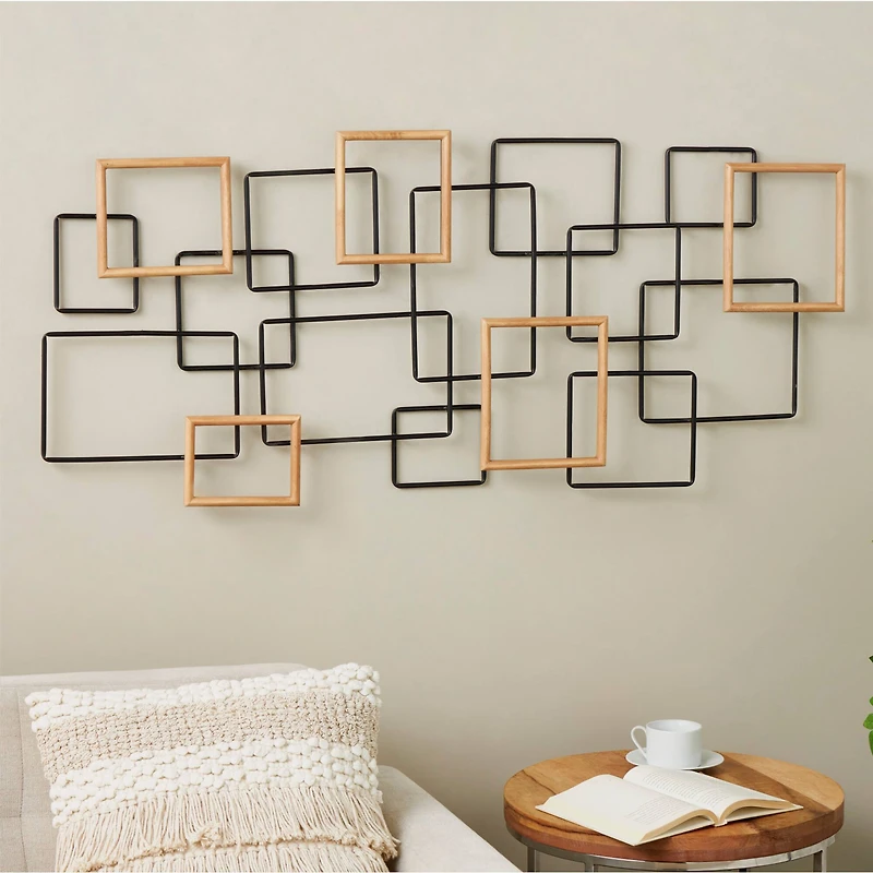 Black Metal Geometric Overlapping Wire Square Wall Décor with Gold Accents