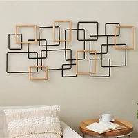 Black Metal Geometric Overlapping Wire Square Wall Décor with Gold Accents