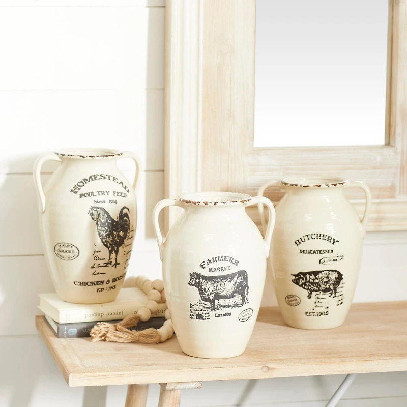 Set of 3 White Porcelain Farmhouse Vase, 8" x 10"