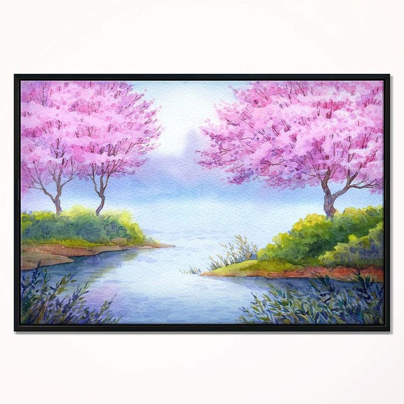 Designart - Flowering Trees Over Lake