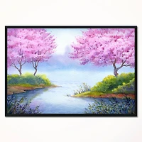 Designart - Flowering Trees Over Lake