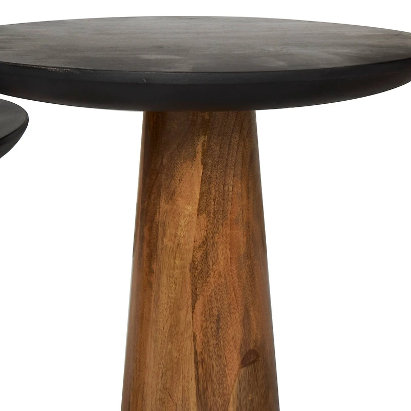 Brown Mango Wood Handmade Cone Shaped Accent Table with Black Tabletop Set