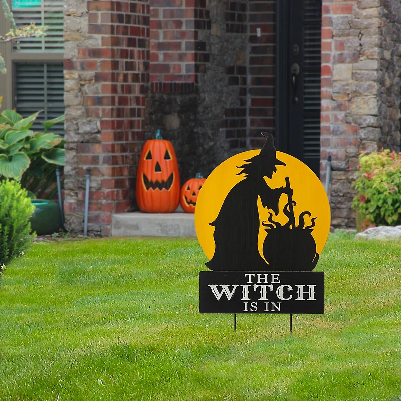 Glitzhome® 30" Black & Orange The Witch Is In Halloween Yard Stake