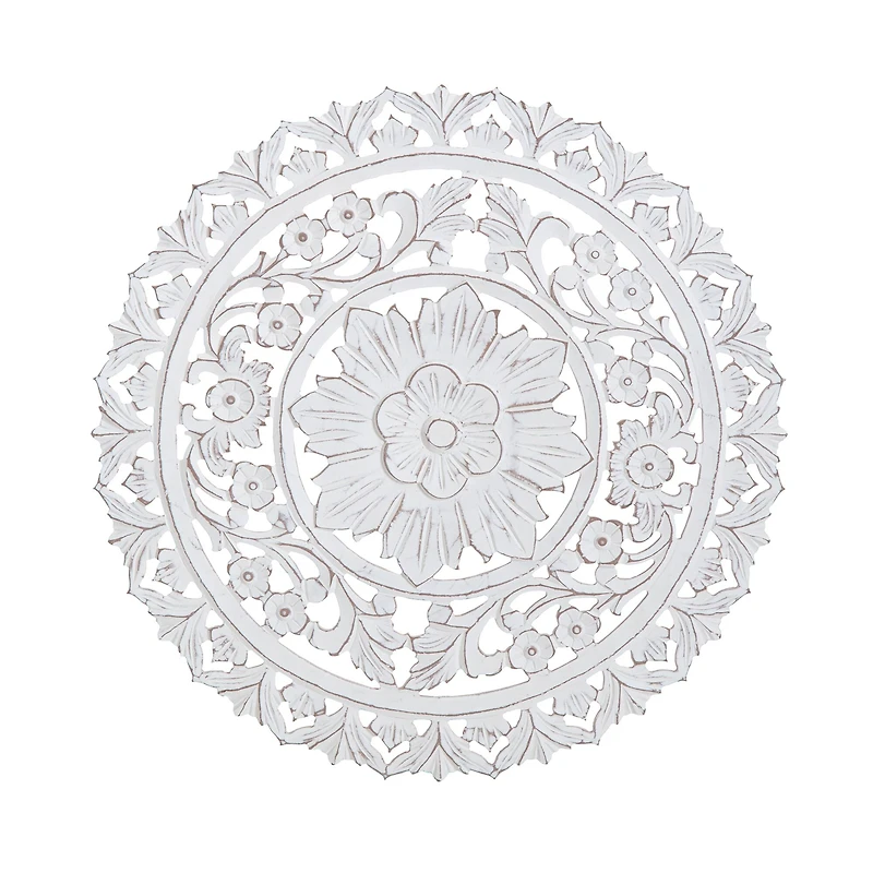 Habitat Etta 24" White Carved Floral Round Wall Art
