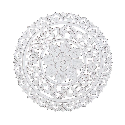 Habitat Etta 24" White Carved Floral Round Wall Art