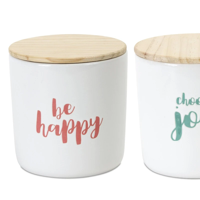 Happy Sentiment Stoneware Canisters with Wood Lids Set
