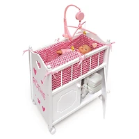 Badger Basket White Cabinet Doll Crib with Pink & White Chevron Bedding