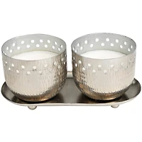 White Wax Vanilla Marshmallow Scented Candle Set with Cutout Spotted Silver Container and Oval Holding Tray
