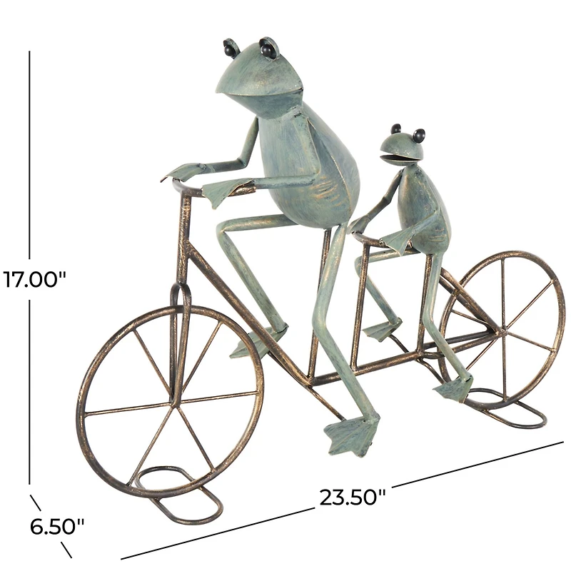 23.5" Frog Duo on Bicycle Metal Garden Sculpture with Gold Accents