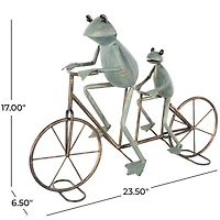 23.5" Frog Duo on Bicycle Metal Garden Sculpture with Gold Accents