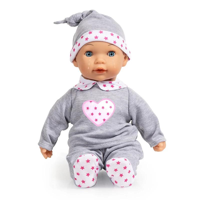 Bayer Design 15" Gray & Pink Hearts Interactive Tears Baby Doll