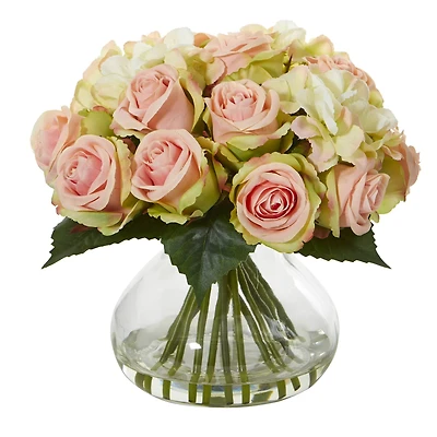 10" Light Pink Rose & Hydrangea Arrangement in Glass Vase
