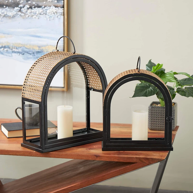 Gold Top Black Metal Arched Candle Lantern Set