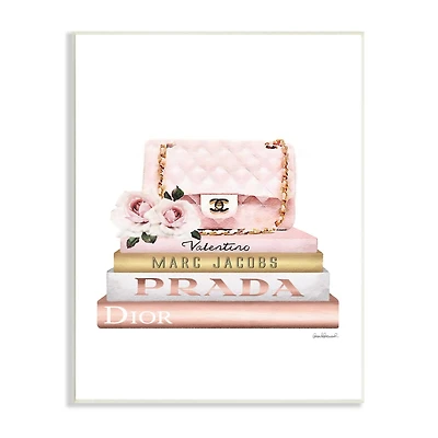 Stupell Industries Pink Purse Gold Bookstack Glam Fashion Watercolor Design Wood Wall Plaque