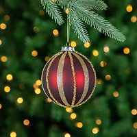 2ct. 4" Burgundy and Gold Striped Beaded Christmas Glass Ball Ornaments