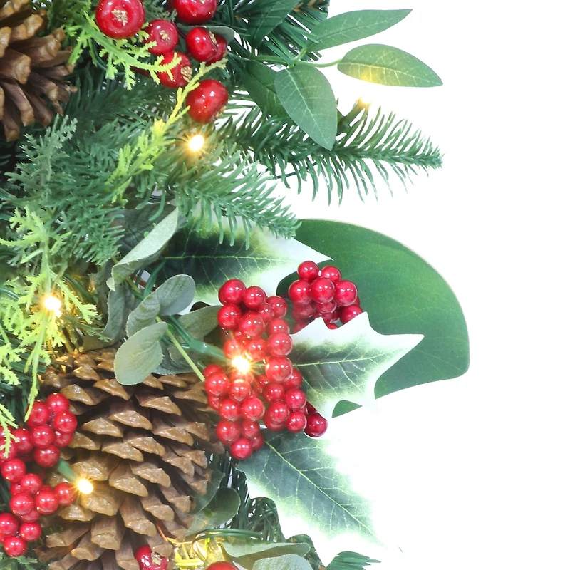 26" Battery-Operated Pre-Lit Decorated Artificial Wreath with Red Bow