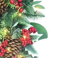 26" Battery-Operated Pre-Lit Decorated Artificial Wreath with Red Bow