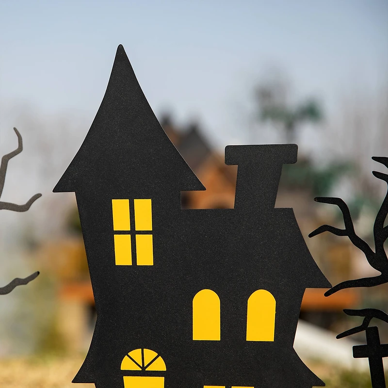 Glitzhome® 2ft. Halloween Metal Silhouette Haunted House and Ghost Tree Yard Stake Set