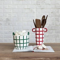Hello Honey® 8.25" Hand-Painted Red & White Grid Stoneware Container with Handles