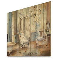 Designart - French Boudoir Bath I - Traditional Bathroom Print on Natural Pine Wood