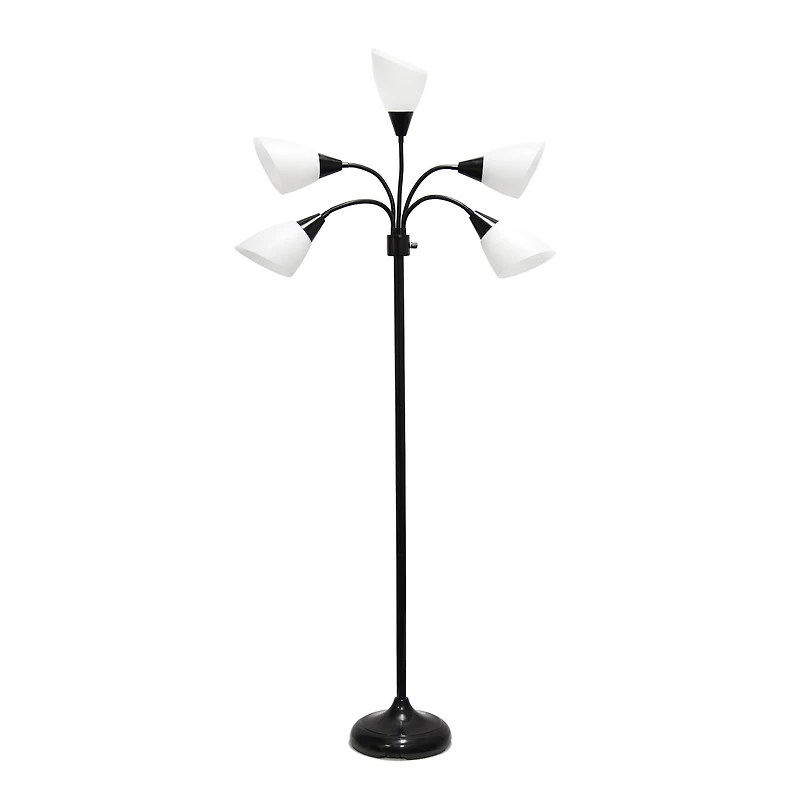 Simple Designs™ 5.5ft. 5-Light Gooseneck Black Floor Lamp with White Shades