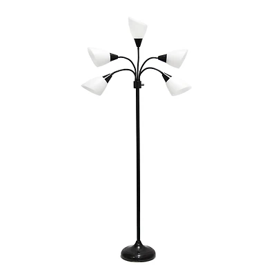 Simple Designs™ 5.5ft. 5-Light Gooseneck Black Floor Lamp with White Shades