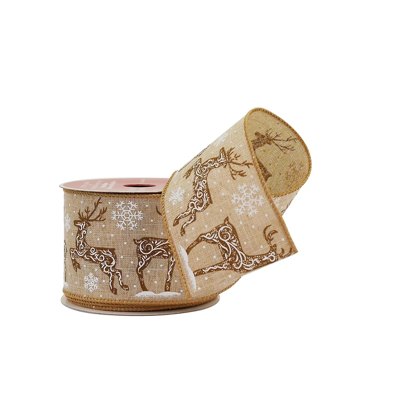 2.5" x 20ft. Glitter Reindeer Wired Faux Linen Ribbon by Celebrate It®