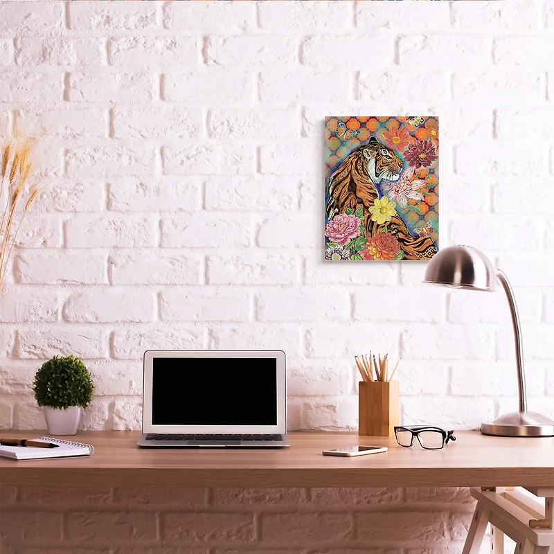 Stupell Industries Jungle Tiger Cat Over Orange Arabesque Floral Pattern Canvas Wall Art