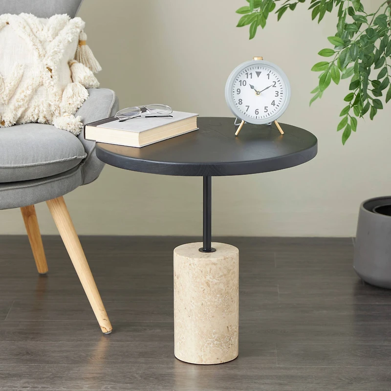 20.5" Black Wood Accent Table with Ivory Marble Base